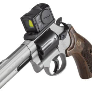 Smith & Wesson 686 Plus Spec Series R .357 Magnum 4.13in titanium Cerakote revolver with Aimpoint ACRO P-2 and wood grips