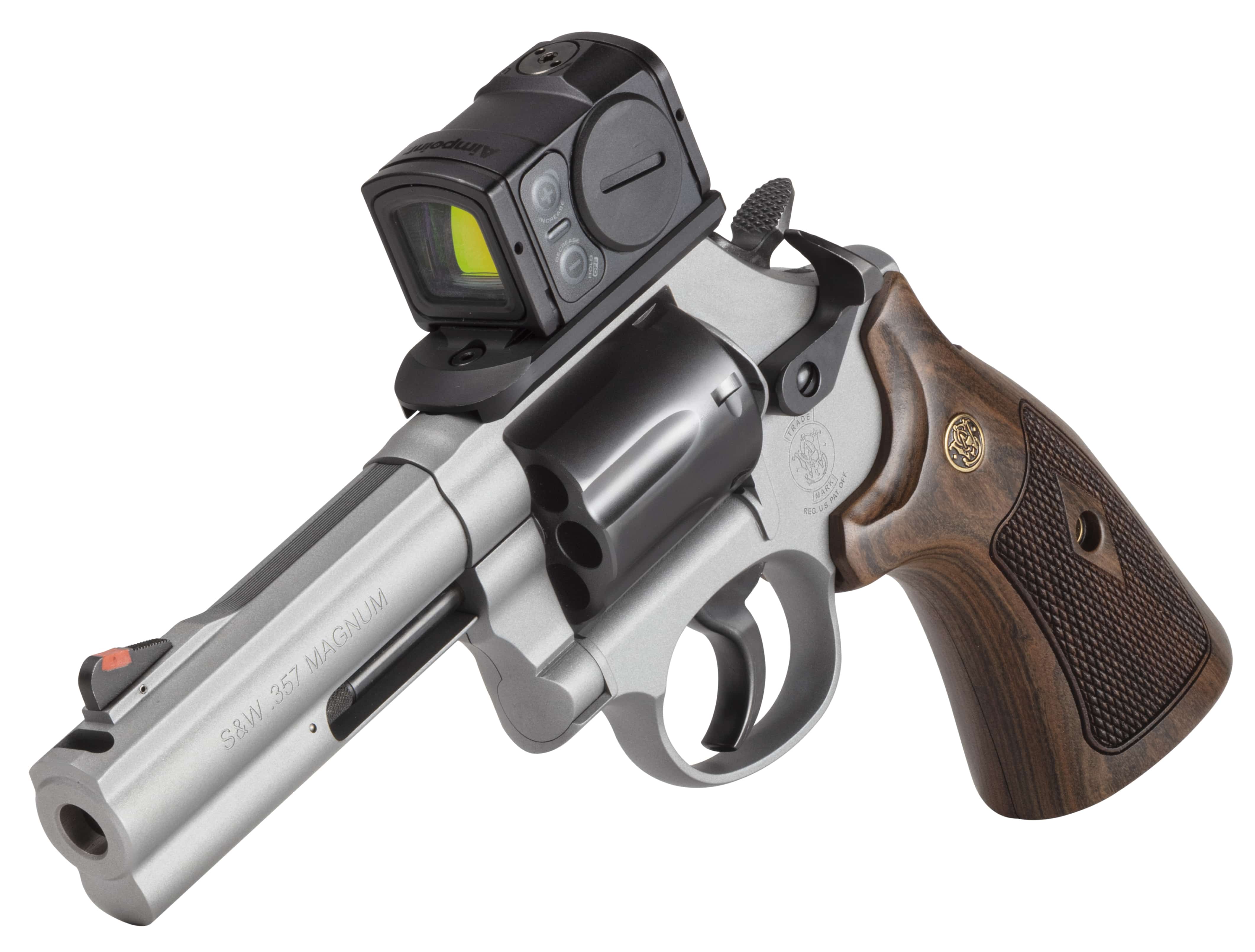 Smith & Wesson 686 Plus Spec Series R .357 Magnum 4.13in titanium Cerakote revolver with Aimpoint ACRO P-2 and wood grips