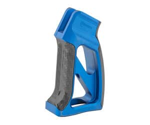 Fortis Torque pistol grip, skeletonized anodized aluminum with carbon fiber front and back strap inserts in blue