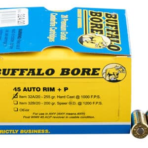 Buffalo Bore 45 Auto Rim 255 gr hard cast flat nose ammunition box, 20 rounds per box