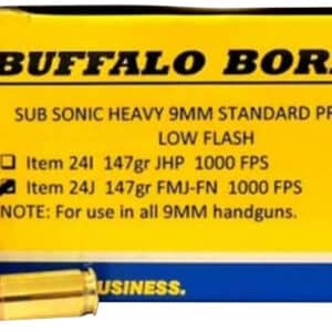 Buffalo Bore 24J20 9mm Luger 147gr Full Metal Jacket Flat Nose ammunition box