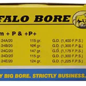 Buffalo Bore 24D20 9mm Luger 115gr JHP box, 20 rounds per box
