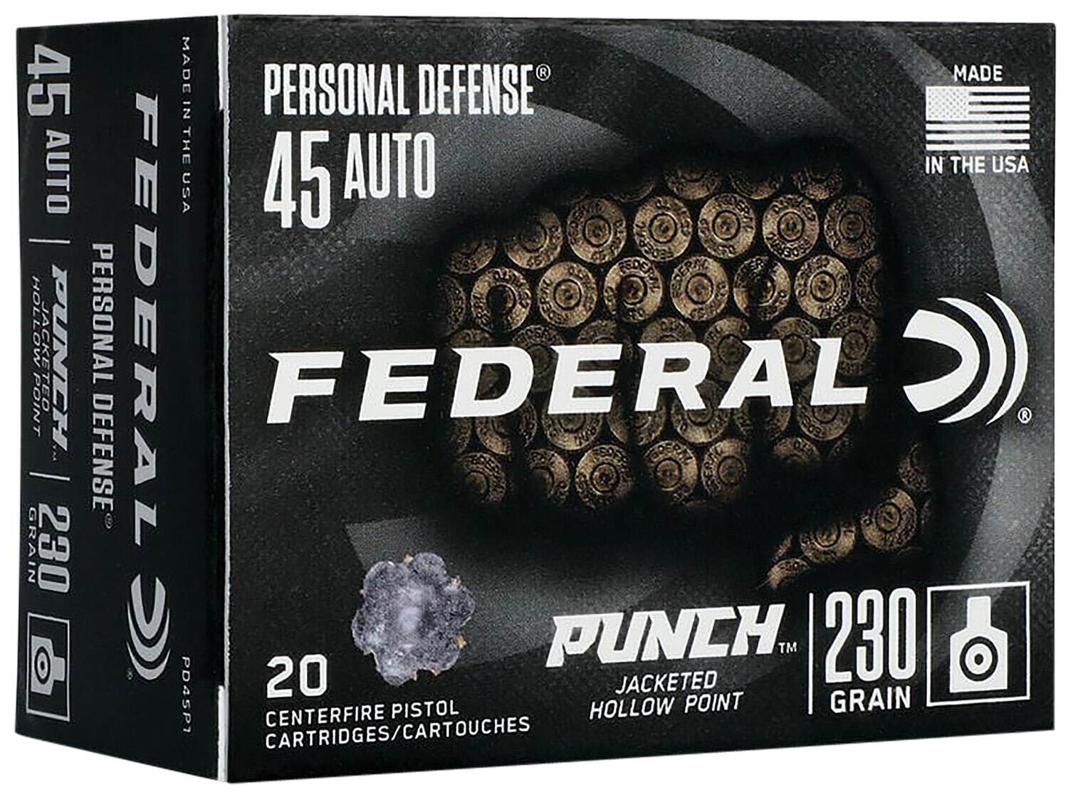 Federal Punch .45 ACP 230 gr JHP 20rd box with nickel‑plated brass cases