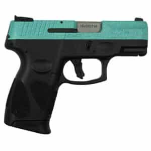 Taurus G2C Robin's Egg Blue Glitter 9mm handgun, 3.2 inch barrel, right-side view