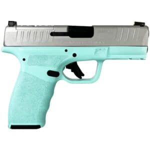 Springfield Armory Hellcat Pro 9mm handgun with Robins Egg Blue frame and silver slide, 3.7-inch barrel