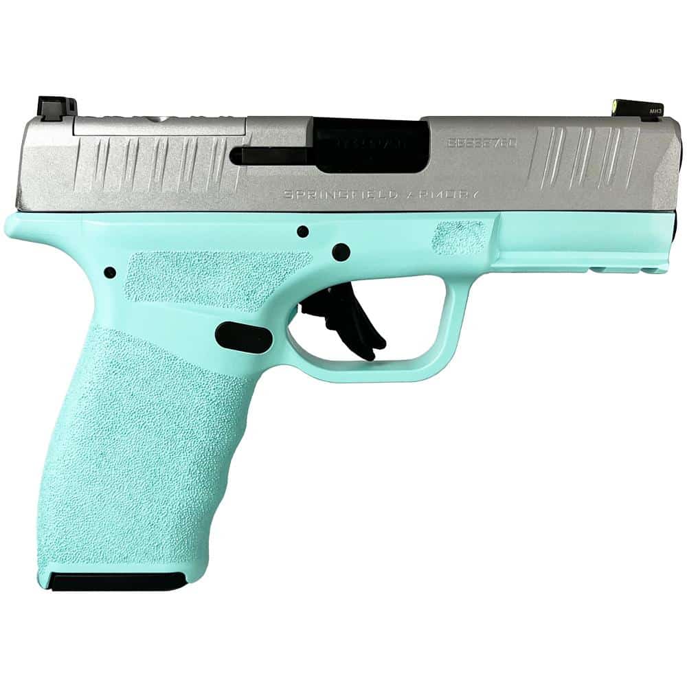 Springfield Armory Hellcat Pro 9mm handgun with Robins Egg Blue frame and silver slide, 3.7-inch barrel