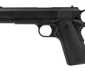 Tisas 1911A1 Service .45 ACP 5-inch Cerakote black pistol with steel frame and plastic grips