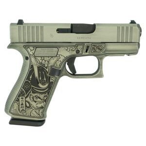 Glock 43x Custom Bushido Mask battleworn slide Sand 9mm handgun right-side