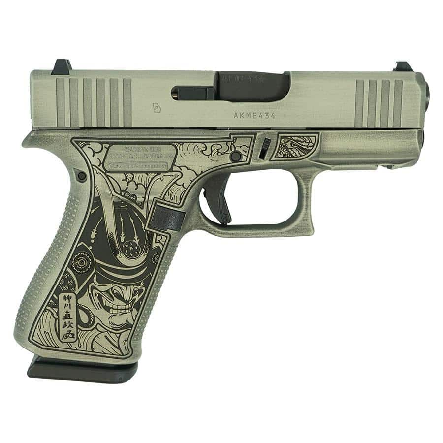 Glock 43x Custom Bushido Mask battleworn slide Sand 9mm handgun right-side