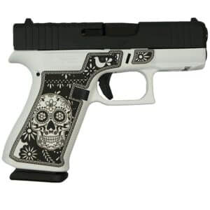 Glock 43X Sugar Skull black and white handgun with RMR/c optic cut and white Cerakote engraved grip