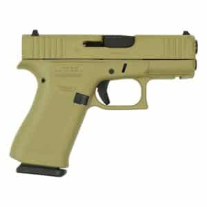 Glock 43X FDE 9mm handgun, right-side view with front accessory rail and two magazines