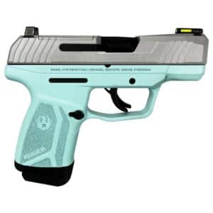 Ruger Max-9 Pro pistol with Robin's Egg Blue frame and Crushed Silver slide chambered in 9mm