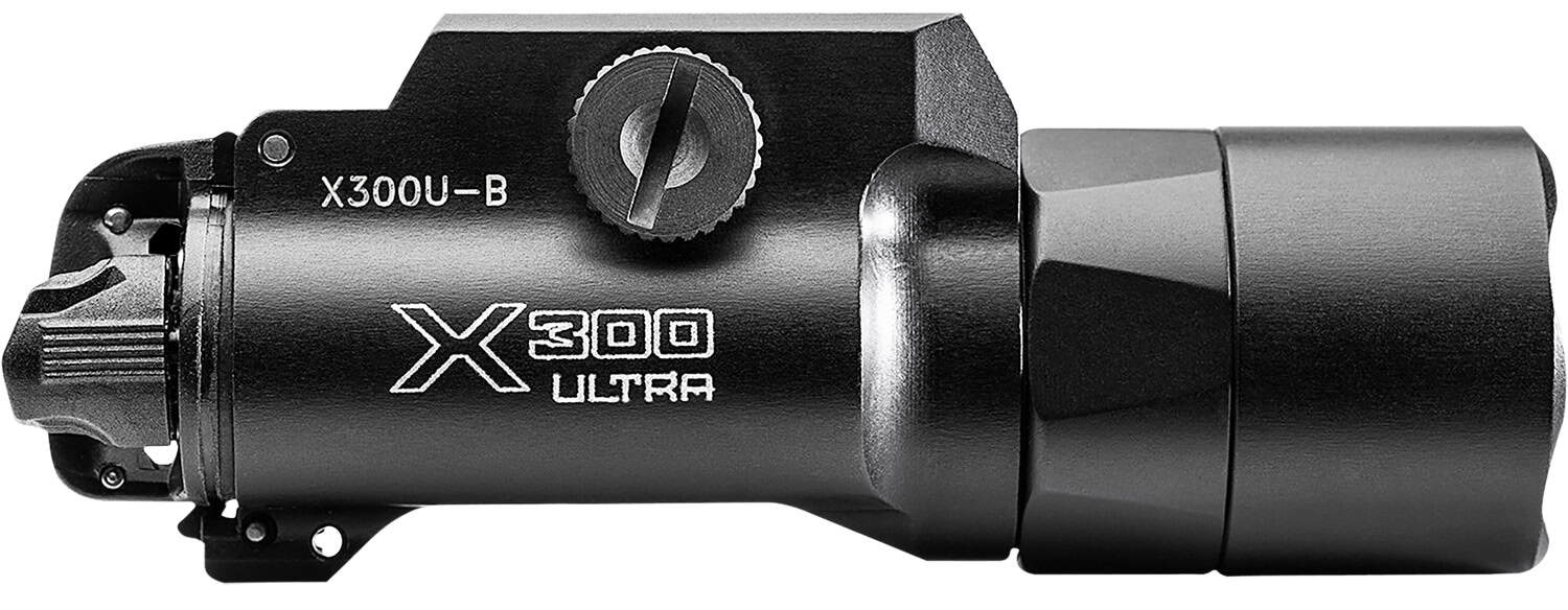 SureFire X300U-B 1,000-lumen weapon light, black anodized, mounted on rail