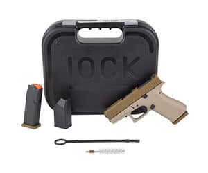 GLOCK 43X 9mm two-tone tan Cerakote pistol, sub-compact, right-side view