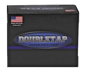 Double Tap 45 ACP 230gr FMJ-FP ammunition box and cartridges