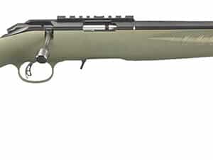 Ruger American Rimfire 22 WMR full-size rifle with 18-inch threaded satin blued barrel and green fixed synthetic stock, right