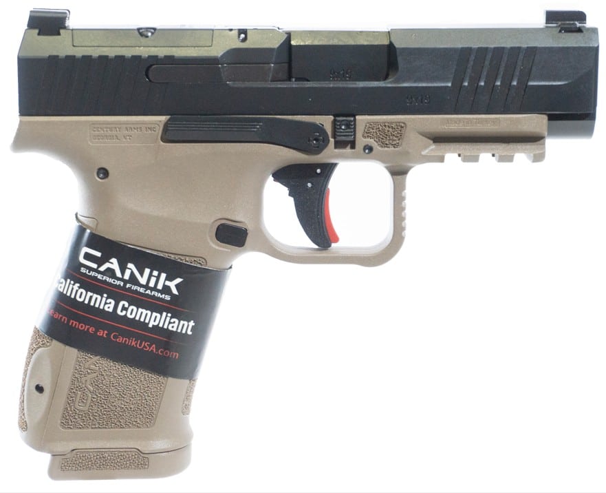 Canik Mete MC9LS CA-compliant 9mm pistol with FDE polymer frame and black serrated slide