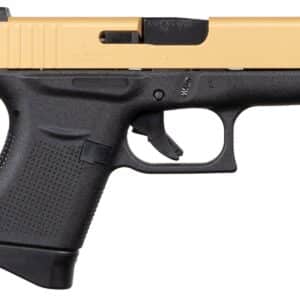 Glock GLK 43 9MM 6RD with gold-finish slide angled view