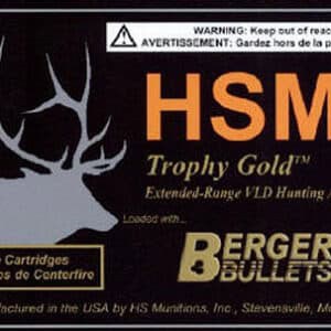 HSM Trophy Gold .338 Win Mag 300 gr Berger Hybrid Tactical OTM ammunition box, 20 per box