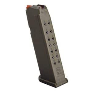 Glock G17 17-round magazine with OD floor plate and orange follower