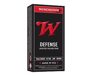 Winchester USA 9mm Luger 147 gr Jacketed Hollow Point 50-round box white packaging