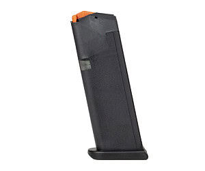 Glock G23 Gen5 .40 S&W magazine, black polymer body with orange follower, packaged