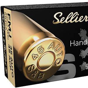 Sellier & Bellot 9mm Luger handgun ammunition with brass casing.