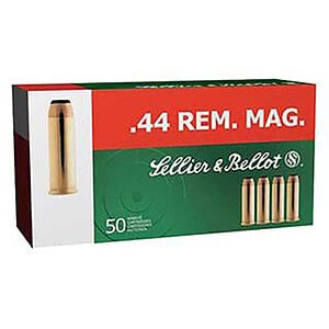 Ammunition box featuring .44 Rem. Mag. cartridges from Sellier & Bellot, ideal for hunting and targe.