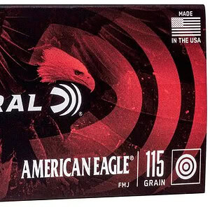 Federal American Eagle 9mm Luger 115 gr FMJ ammunition box with 50 rounds