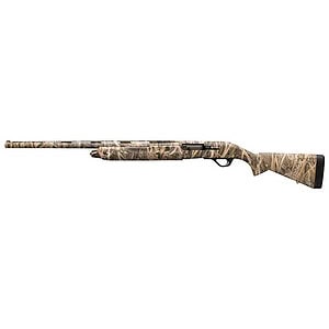 Camouflage hunting rifle for outdoor shooting and hunting activities.