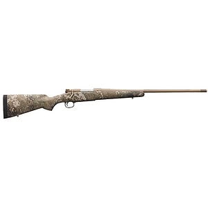 Camouflage hunting rifle with long barrel and scope mount.