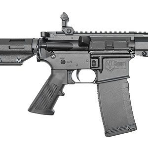 Tactical rifle with adjustable stock, Picatinny rail, and ergonomic grip for precision shooting.