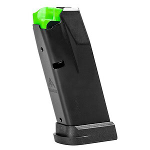 Airsoft gun magazine with green tip, high-capacity, durable plastic construction.