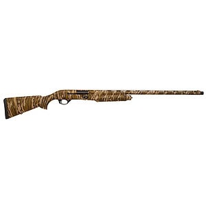 Camouflage hunting rifle with scope and long barrel.