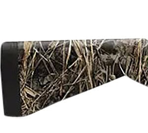 Camouflage hunting rifle with scope and wooden stock for outdoor shooting.