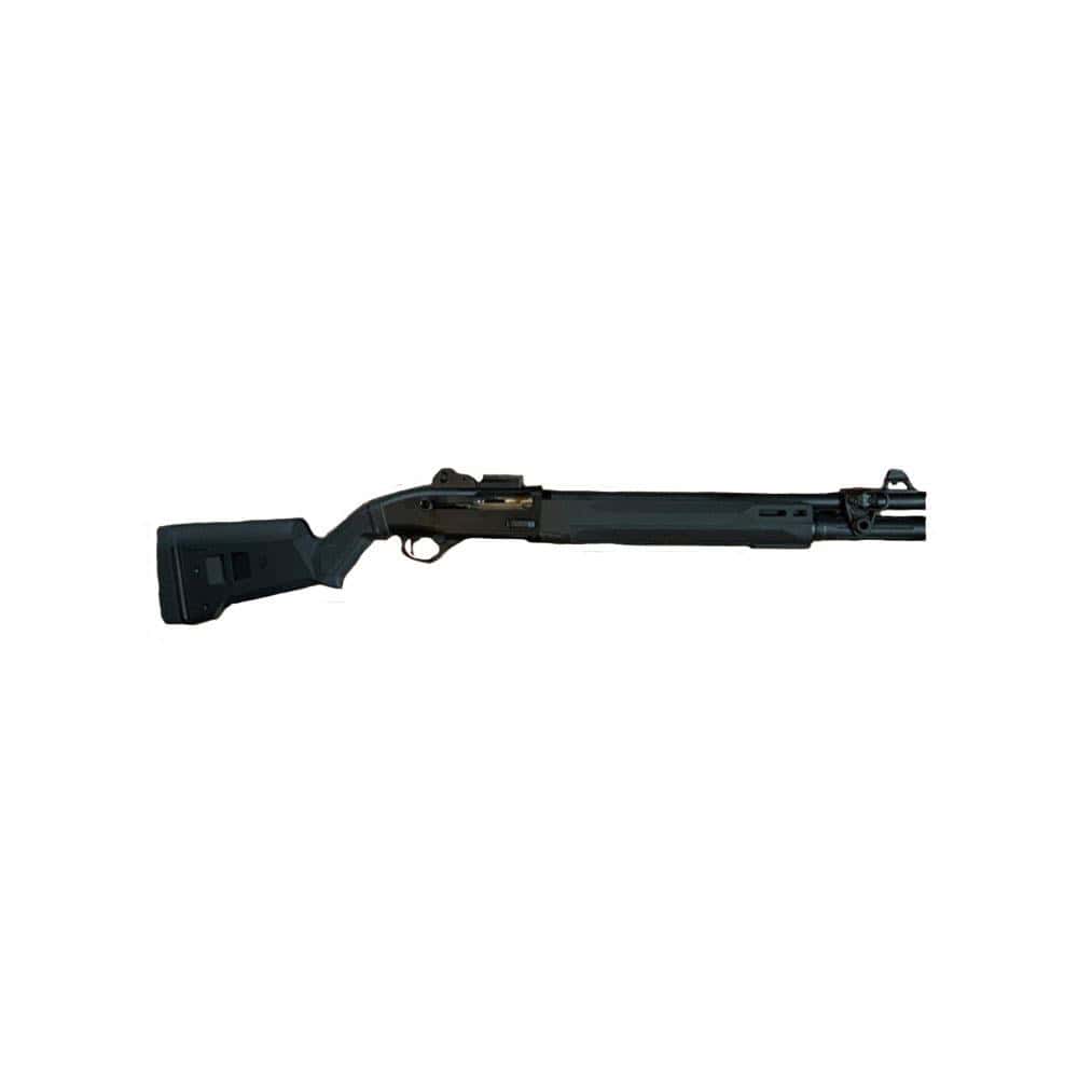 High-quality hunting shotgun with durable black stock and long barrel.