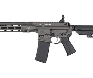Modern tactical rifle with adjustable stock and rail system for precision shooting.