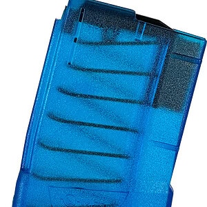 Ammo magazine for firearms, blue translucent plastic, high capacity, tactical gear accessory.