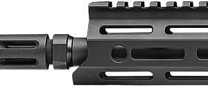 Black rifle handguard with M-LOK slots for firearm customization.