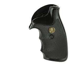 Black gun grip with textured surface and gold emblem for firearm accessories.
