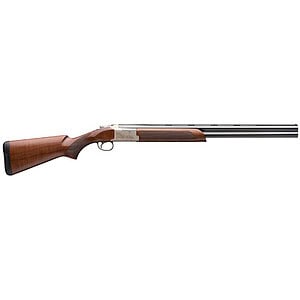 Classic wooden stock shotgun for hunting and sport shooting, high-quality craftsmanship.