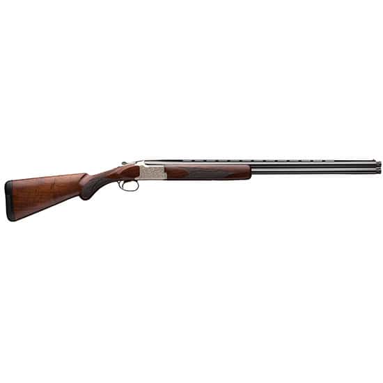 Classic hunting shotgun with wooden stock and long metal barrel.