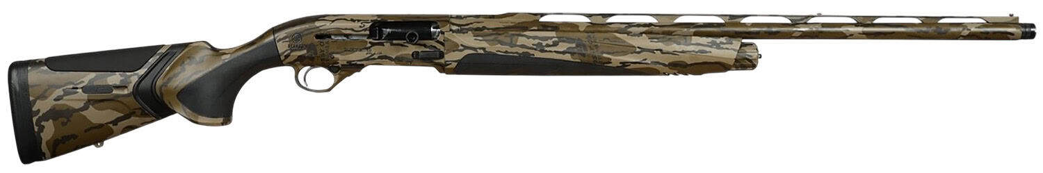 Camouflage hunting rifle with scope and wooden stock for outdoor shooting.