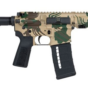 Tactical rifle featuring a camouflage pattern, adjustable stock, and ergonomic grip for precision sh.