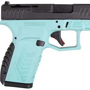 Toy gun with light blue body and black slide for kids' play.