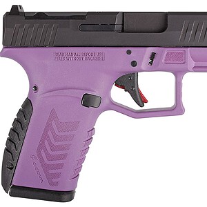 Pink polymer handgun with black slide, ideal for training, practice, and recreational shooting. Dura.