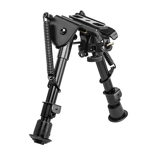 Adjustable gun bipod for firearm stability and precision shooting.