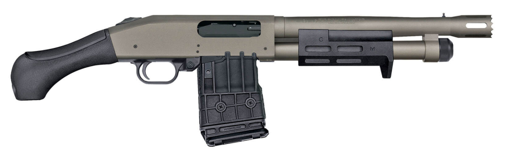 Mossberg 590M 12 Gauge 11.5-inch Cerakote Tungsten pump-action shotgun side view