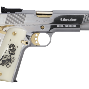 Girsan MC1911S Liberador III 9mm chrome pistol with gold controls and engraved Sugar Skull grips