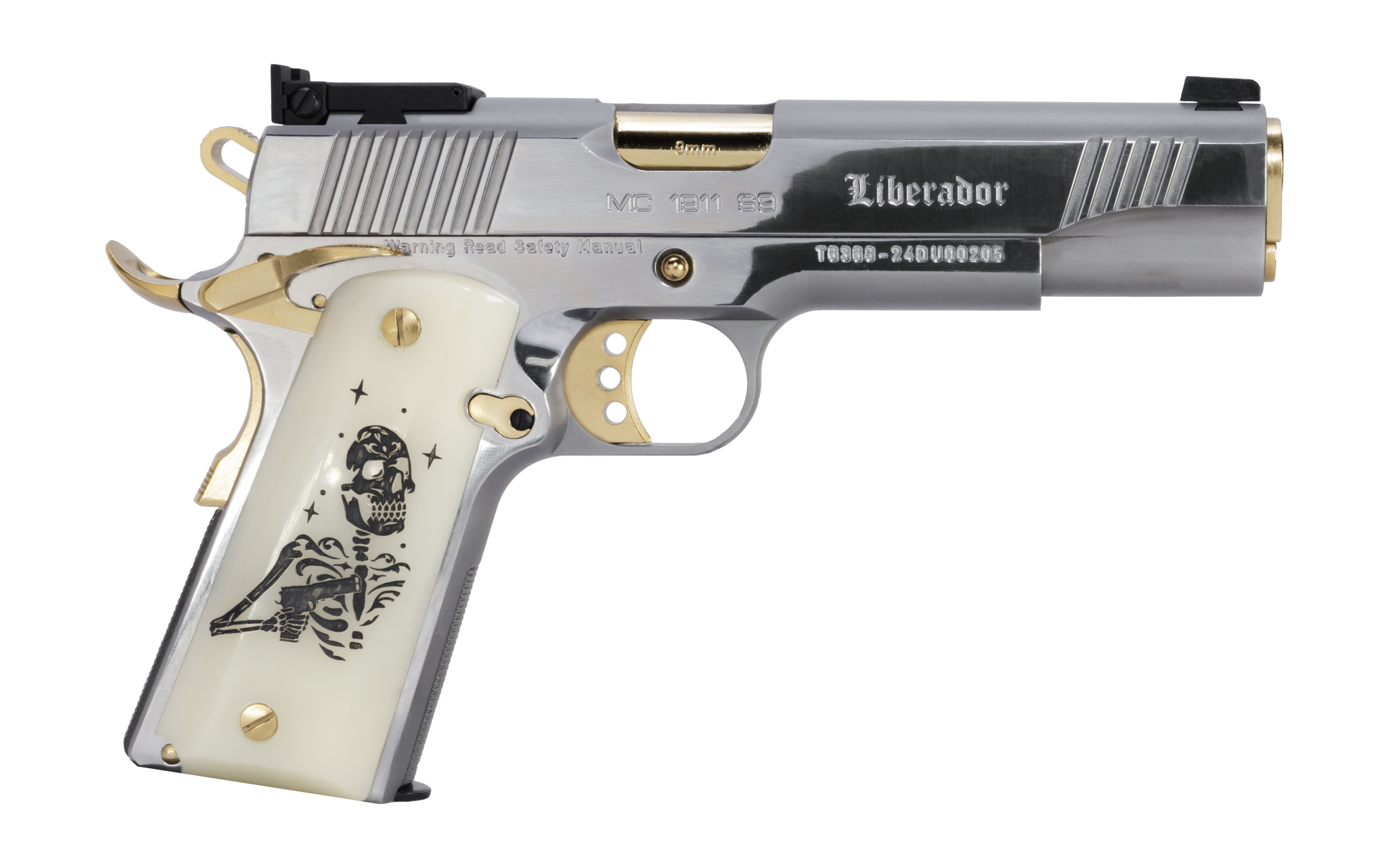 Girsan MC1911S Liberador III 9mm chrome pistol with gold controls and engraved Sugar Skull grips